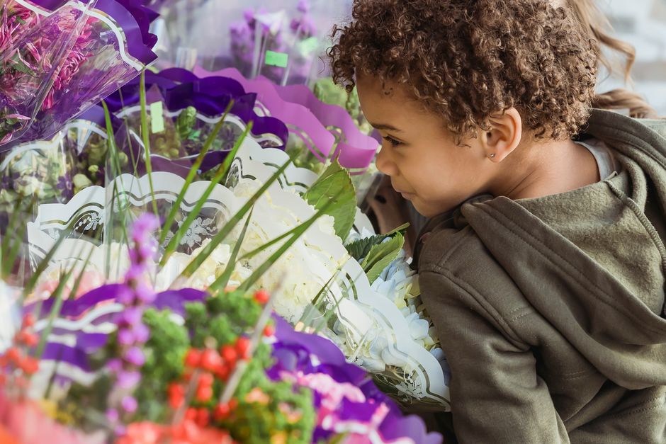 A young boy with curly brown hair and light brown skin is closely examining a vibrant floral display at a flower shop. The arrangement features a mix of fresh white roses, purple orchids, pink and red
