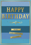 A quietly luxurious birthday card in blue and gold, ideal for pairing with fresh flowers on a doorstep in Orpington. The design is built around generous, horizontal stripes that run straight across the card, each stripe a slightly different blue. The colours move with gentle precision from deep navy to cobalt, teal, and finally a pale, almost powdery sky blue, creating an ombre effect that feels calm and expansive, as if you were looking at the horizon on a clear day near Goddington Park. In the center, the words "HAPPY BIRTHDAY" are rendered in proud, embossed gold capitals. The metallic finish reflects light in a soft shimmer, giving the message weight and importance without a hint of garishness. Just underneath, a graceful gold flourish extends horizontally, its ornamental curls recalling traditional letterpress and hand-inked invitations. Beneath this flourish, three slender golden banners line up neatly, each banner delicately shaped like a ribbon with pointed ends. On them, the sentiment unfolds in a gentle rhythm: "Relax, have a great day and enjoy!" The sequence feels personal and encouraging, like a friend reminding you to take the day slowly. A tidy gold border traces the edges of the card, completing the design as though framing a piece of art. The card stock seems smooth and substantial, with the matte blues giving a soft, velvety look while the gold foil details stand out both visually and to the touch. Picture it standing beside a fresh birthday bouquet in a living room near Orpington High Street, catching small glints of light as family or friends gather to celebrate.